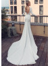 Long Sleeve White Crepe Lace Slit V Back Wedding Dress